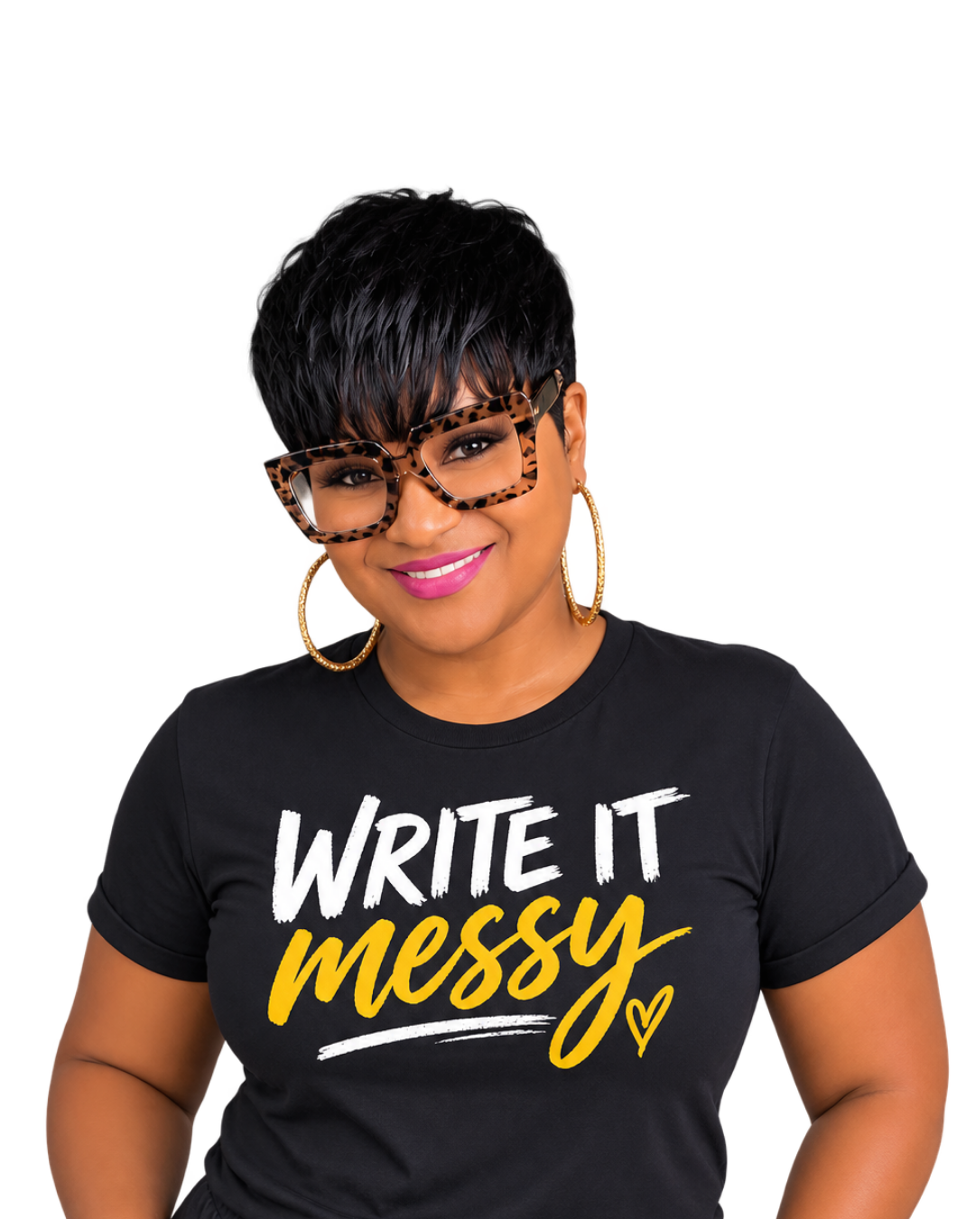 Kimi J wearing a Write It Messy t-shirt — the movement's signature look