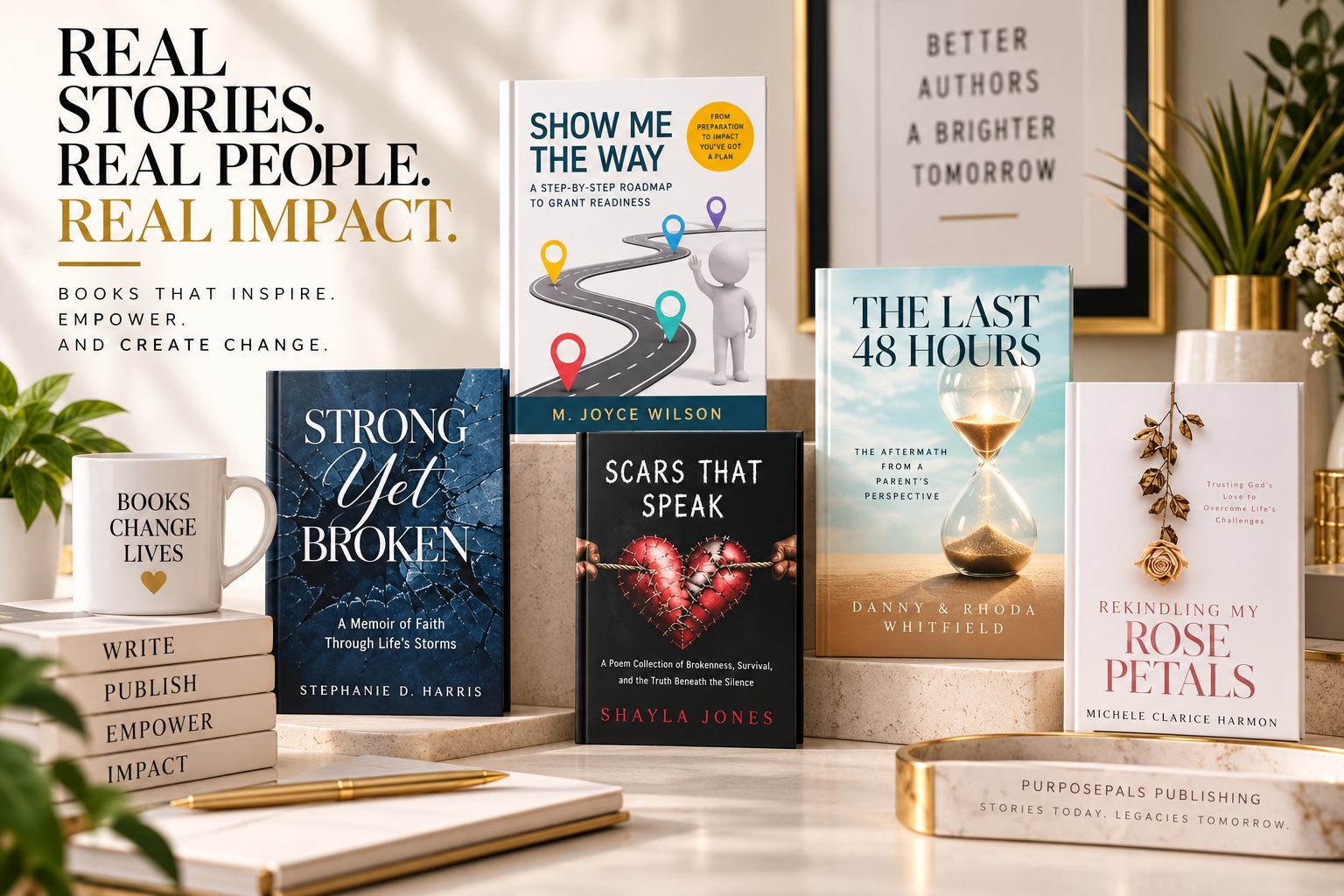 Five published PurposePals books — Strong Yet Broken, Show Me the Way, Scars That Speak, The Last 48 Hours, and Rekindling My Rose Petals — styled on a cream surface with journals, a gold pen, and white flowers